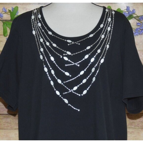 Bob Mackie Wearable Black Short Sleeve Blouse Top Size 2X Silver Necklace Design - Picture 2 of 8